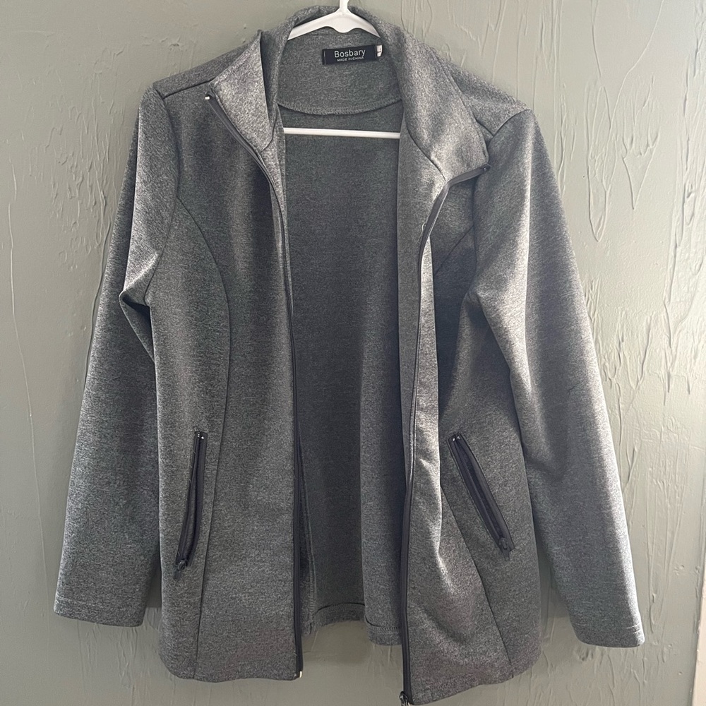 Charcoal, gray slick, zip up longsleeve jacket